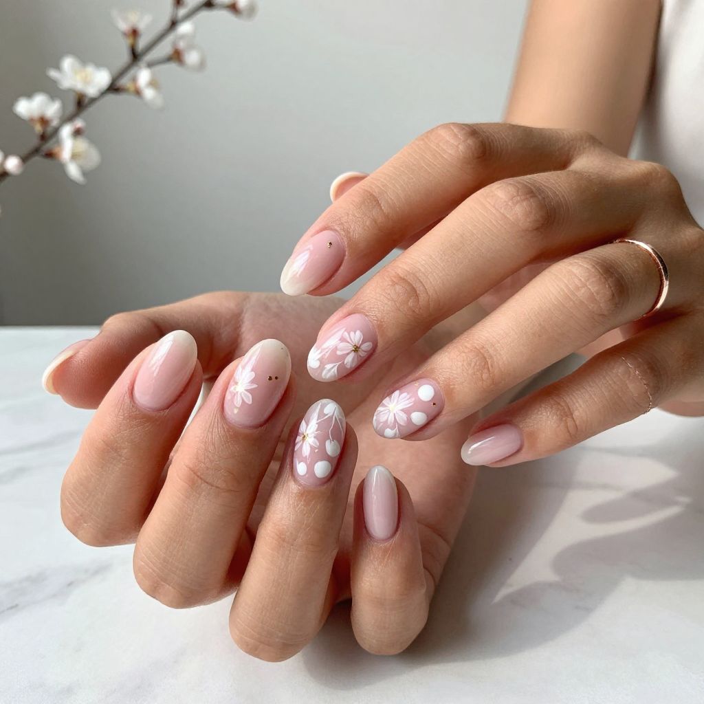 White floral negative space nails for March