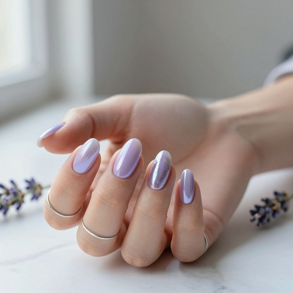 Lavender chrome almond nails for March