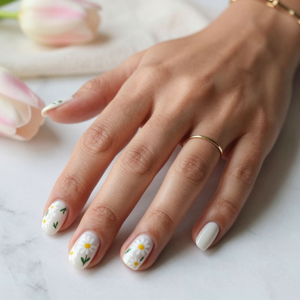 Daisy detail short square nails for March