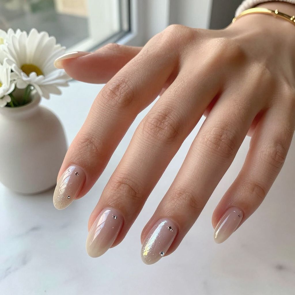 Iridescent nude coffin nails for March