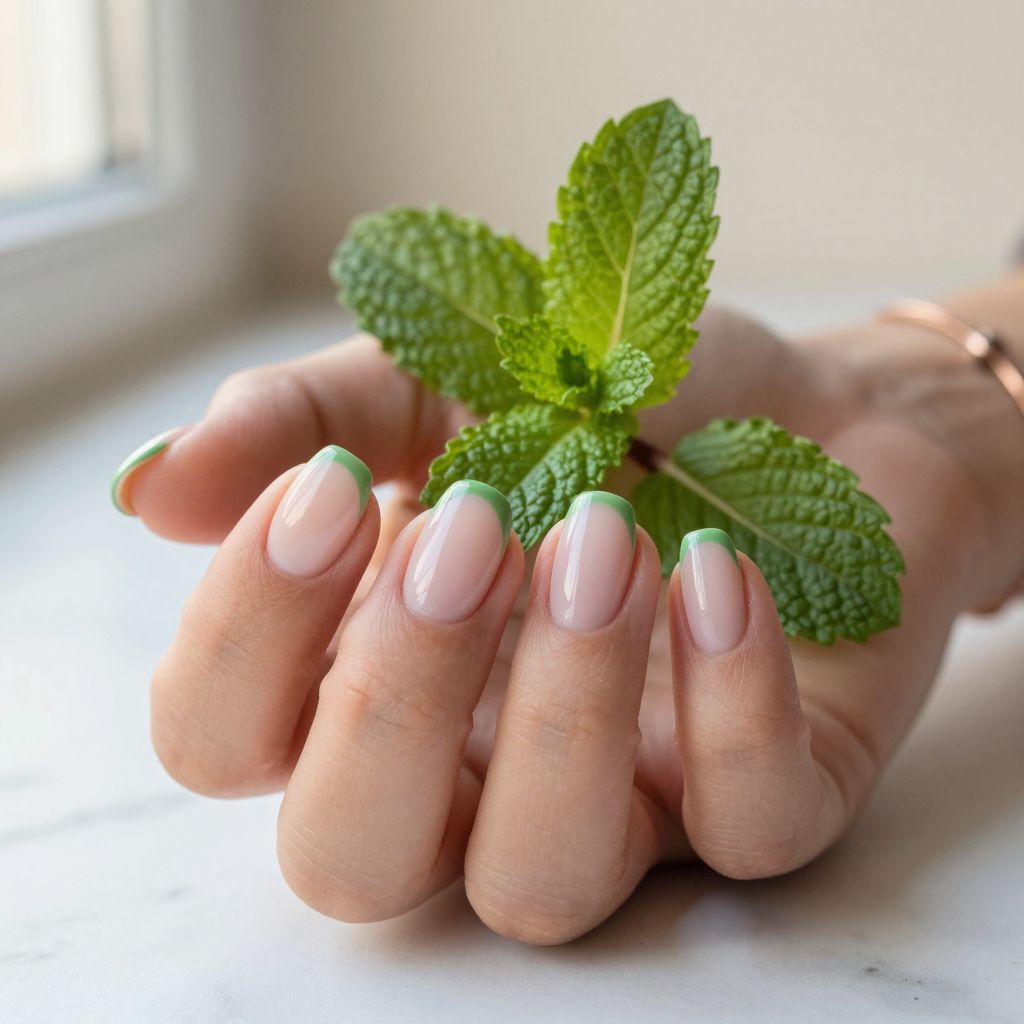 Clean mint micro French nails for March