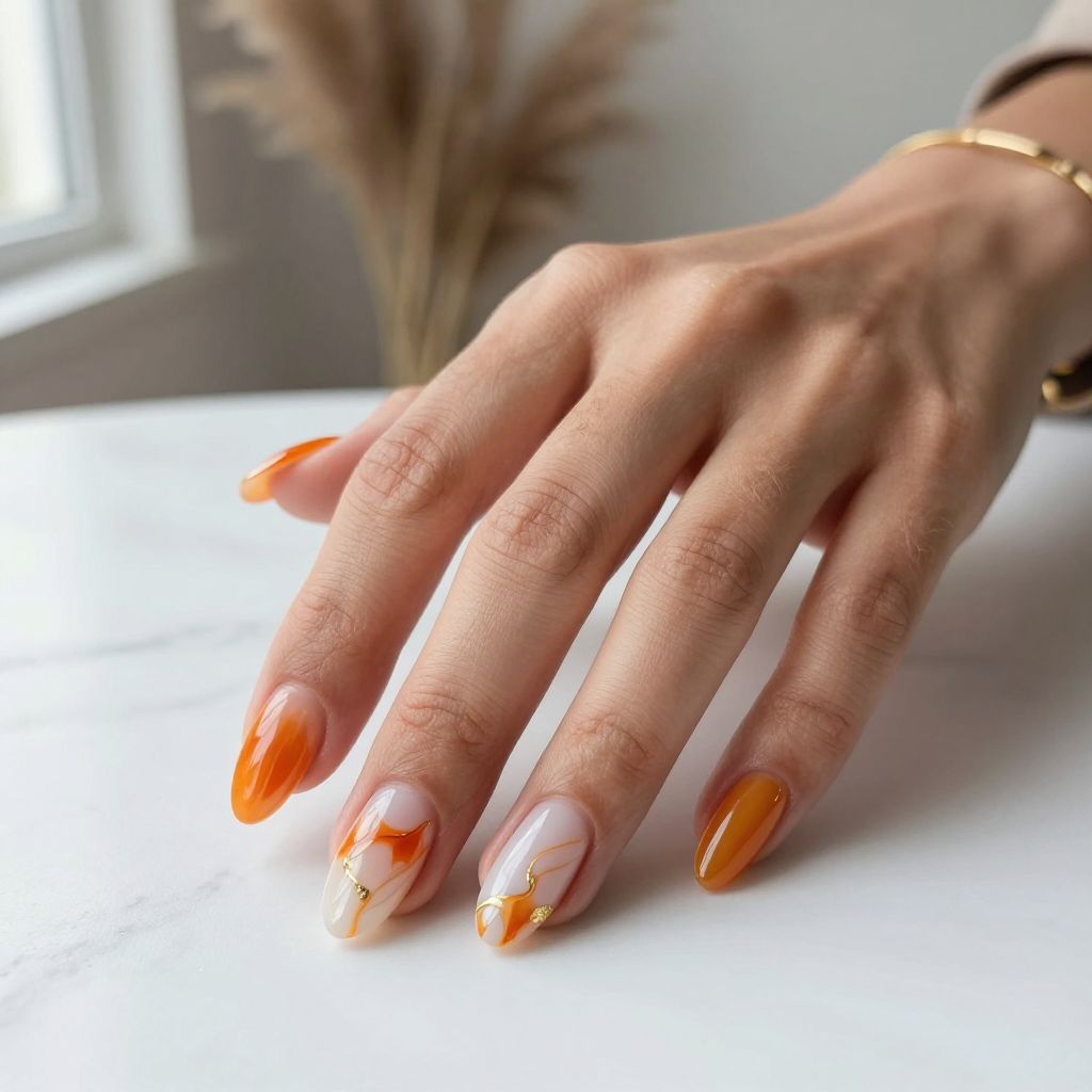 Orange Marble Nails