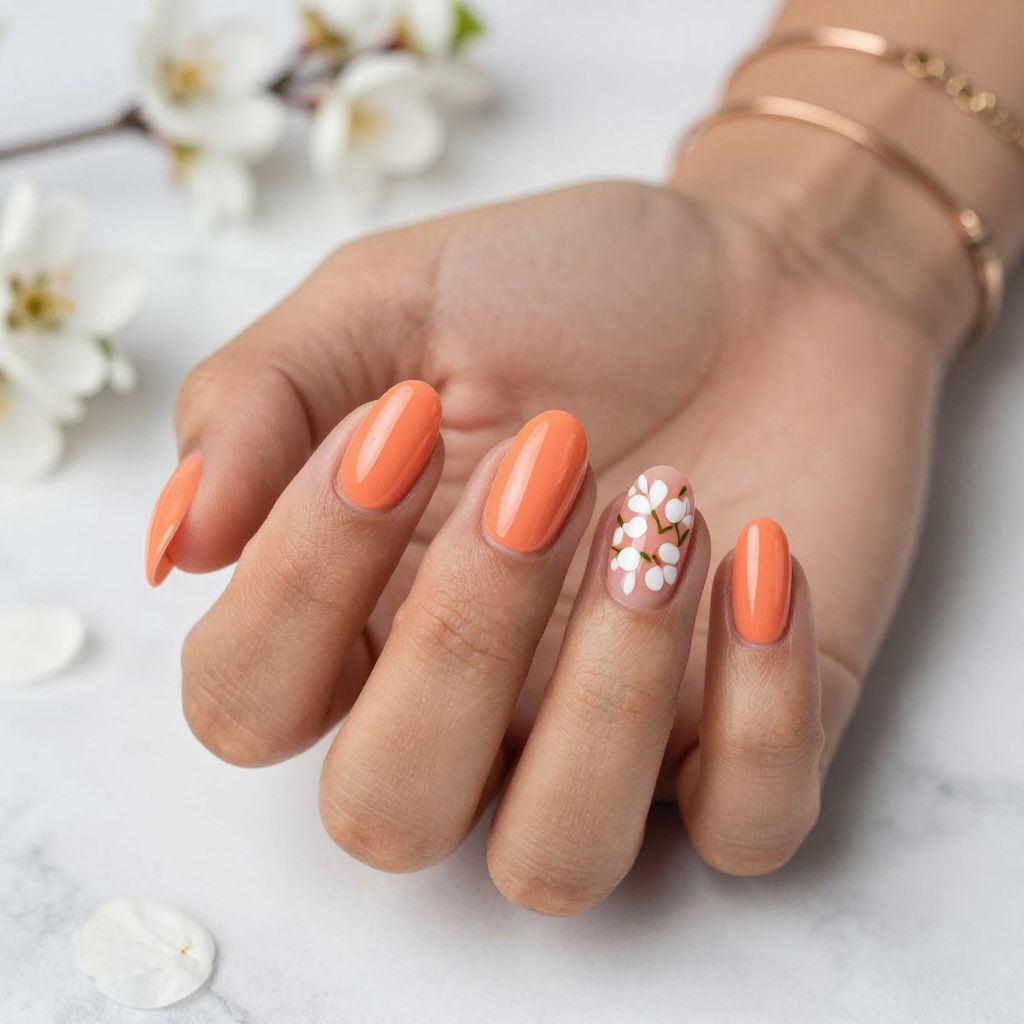 Coral Orange Floral Nails