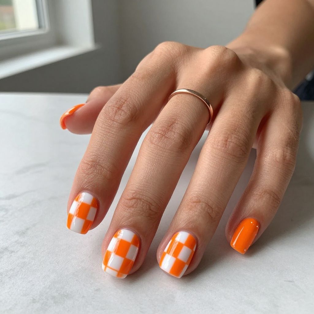 Orange and White Checker Nails