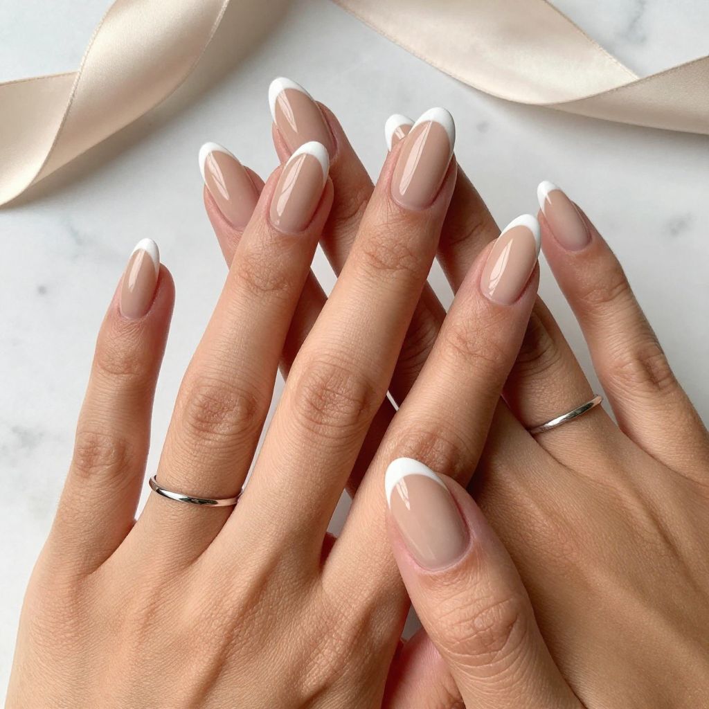 Nude Almond Nails With Thin French Tips