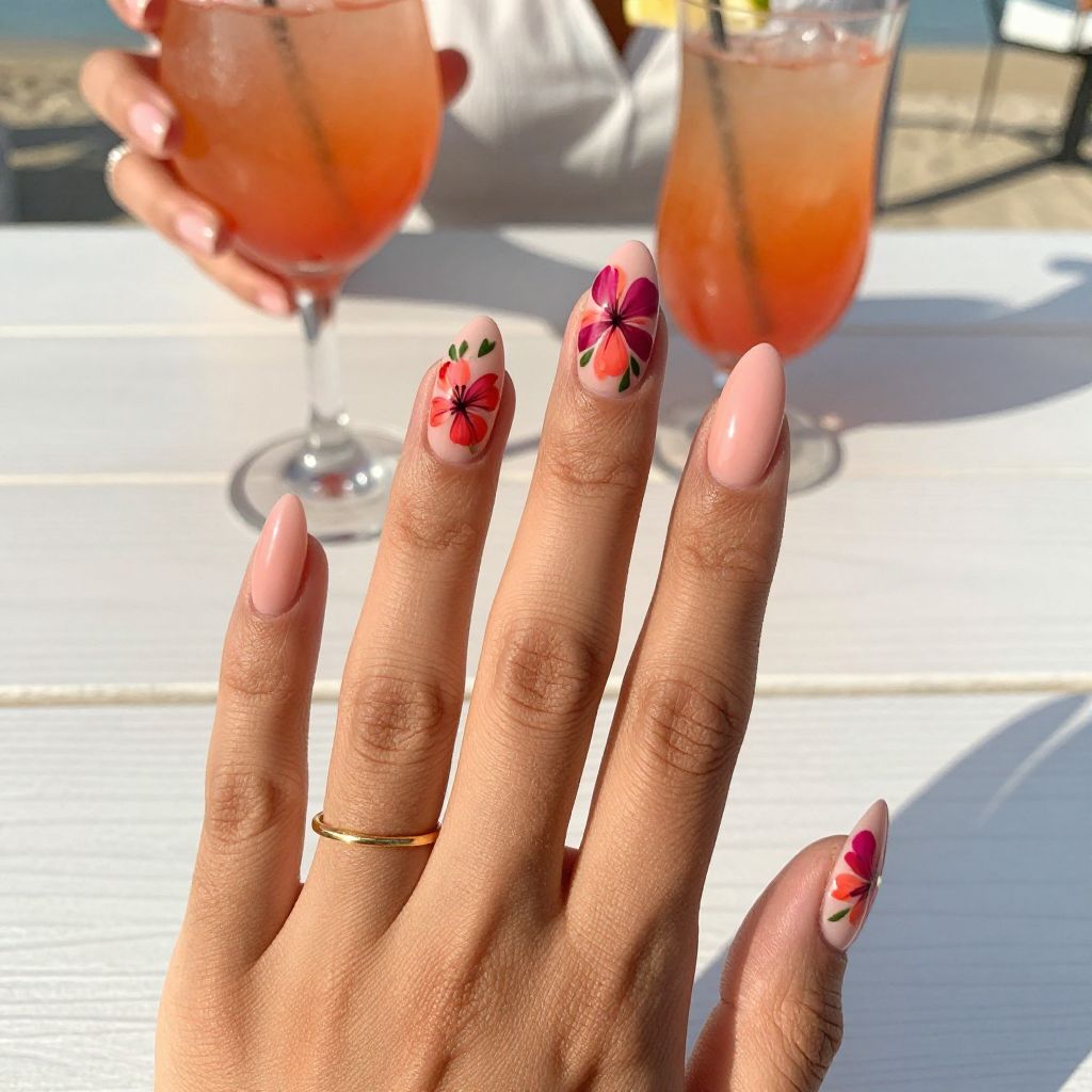 Vacation Nail Ideas - Hibiscus Accent Nails