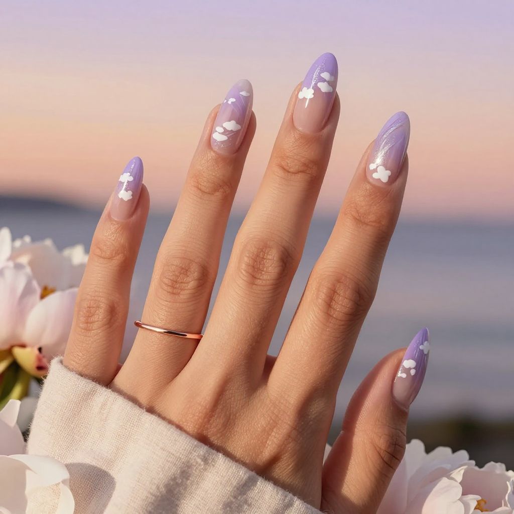 Vacation Nail Ideas - Sheer Lavender Cloud Nails